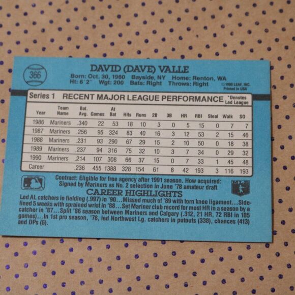 Dave Valle #366 Baseball Card - Picture 2 of 2